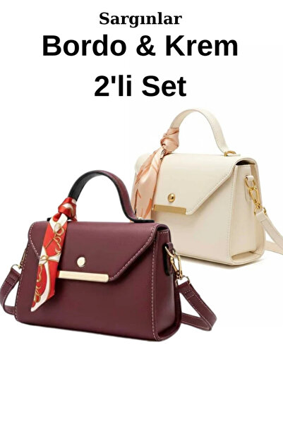 METEBAGS Burgundy and Cream 2-Piece Faux Leather Shoulder & Hand Bag with Sca...