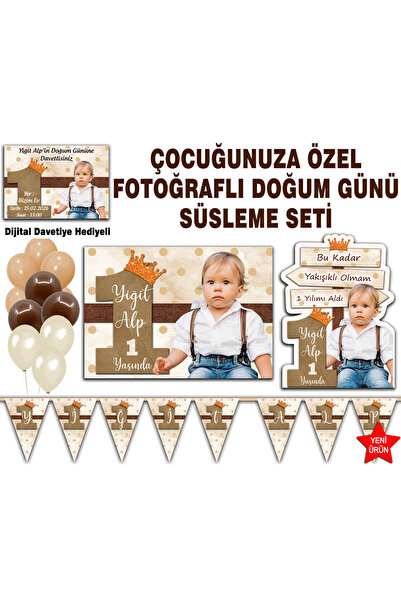 Sunligo Bir Yaş Doğum Günü Süsleme Seti Fotoğraflı Afiş, Flama, Balon Her Yaş...