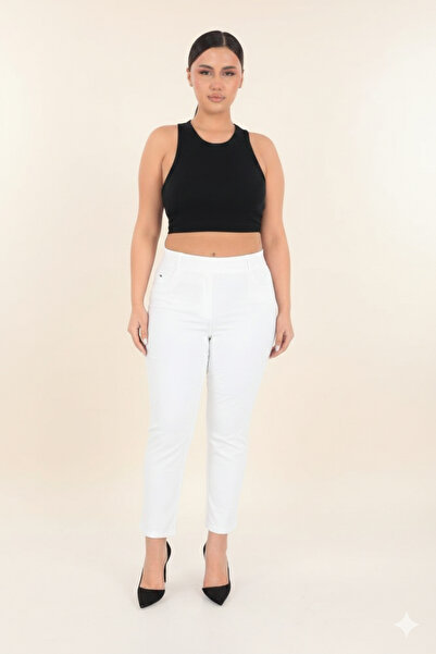 AKŞEN GİYİM Plus Size Full Lycra Tight-Up One Size High Waist Linen Pants Tha...