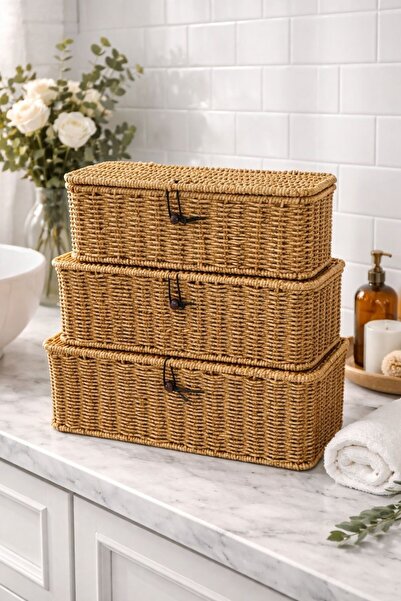 Qerhome 3-Piece Decorative Rectangular Wicker Multi-Purpose Organizer Basket