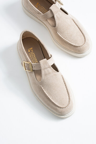 Pazzyonez Kadın Bej Süet Loafer Ayakkabı Elite Comfort Makosen Rahat Günlük Ofis Casual Saraç Detay Tokalı