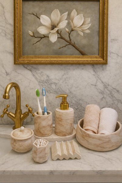 lufen deco Marble Patterned 7-Piece Bathroom Wc Set - Liquid Soap Dispenser Presentation Tray Dowry Engagement Decorative Accessories