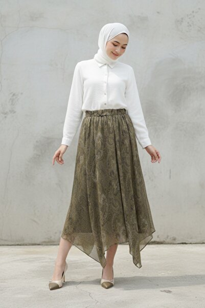 Lunfia Etnik Desenli Bel Lastikli Şifon Etek Asimetrik Kesim - Haki