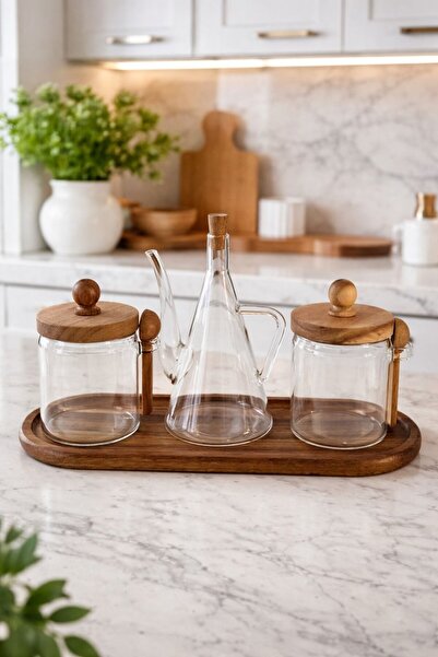 Qerhome Acacia Stand Borosilicate Glass Acacia Lid Spice and Oil Container Ki...