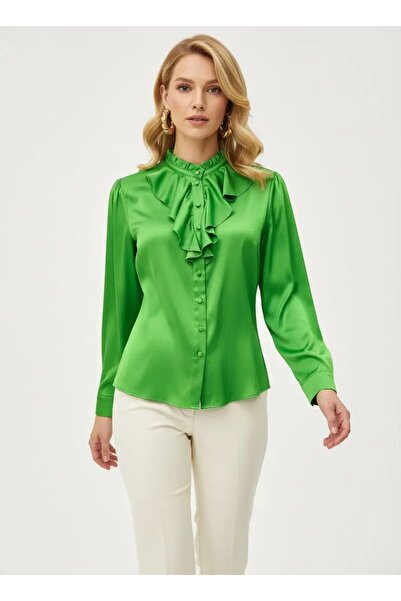 Park Karon قميص نسائي من الساتان خفيف الوزن ذو ياقة مكشكشة 33033