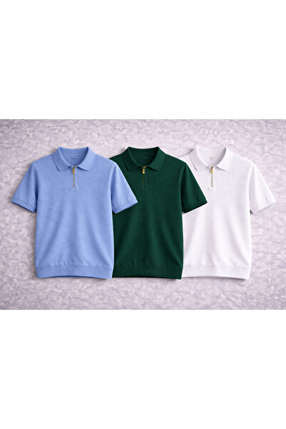 oneoff Men's Basic Half-Zip Polo Collar Knitwear T-Shirt Solid Color Casual S...