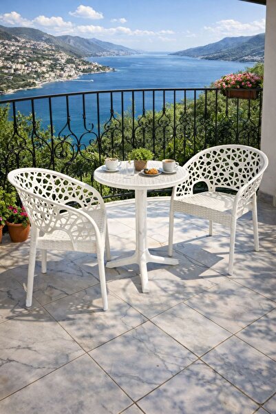 ZİYNET HOME Balkon Masa Sandalye Seti Bahçe Teras Takımı Beyaz Çay Seti (1+1)