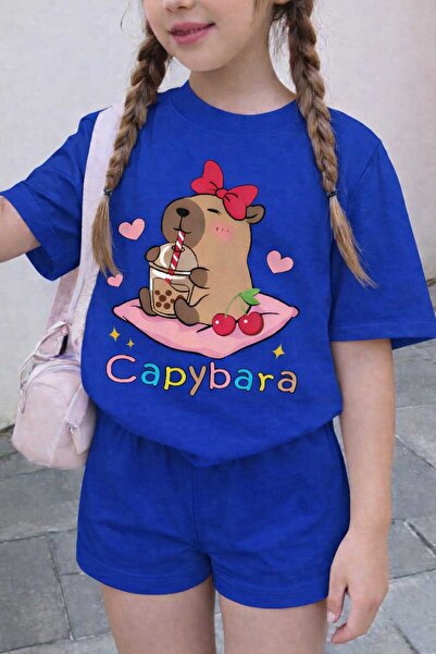 New Shine Capybara Printed Saks Blue Kids T-Shirt