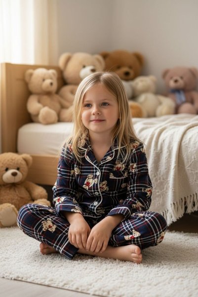 SERRASTIL Girl's Pajama Set Navy Blue Color Plaid Teddy Bear Patterned Cotton Long Sleeve