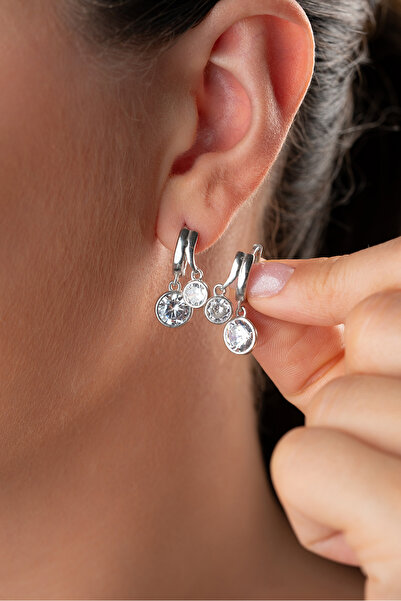 Silvano Jewelry 925 Ayar Gümüş Rodyum Kaplama Çift Taşlı Küpe