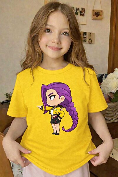 New Shine Purple-Haired Braided Girl Printed Yellow Children's T-Shirt