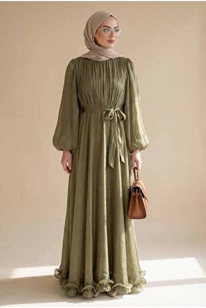 Modamorfo Janjan Chiffon Dress with Flounced Skirt and Belt - Khaki