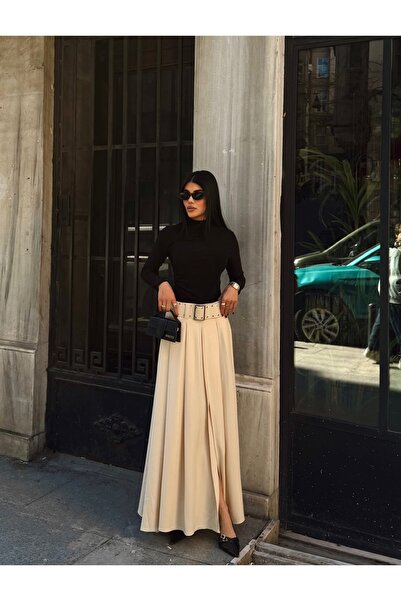 LB Laluna Butik Women's Pleated Long Skirt with Front Slit and Wide Belt