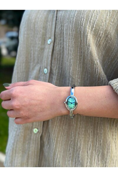 RA By Melisa Vintage Gümüş Renk Yeşil Oval Kadran Kelepçe Çelik Kordon Saat