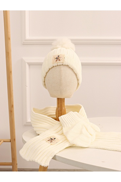MiniKids Set 3 piese, Caciulita, Fular, Manusi ecru 46-48