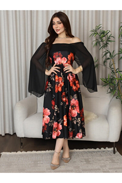 TREN Romantic Floral Midi Party Dress Off-Shoulder Chiffon Cape Gown with Def...