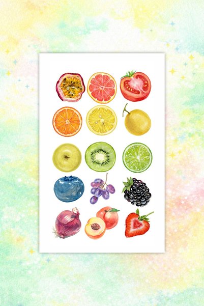 LABELOVE Fruit Watercolor Collection Sticker Seti – 90+ Adet Meyve Temalı Sulu Boya Sticker