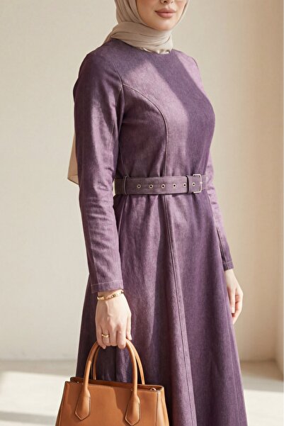 Modamorfo Flared Skirt Zippered Belted Denim Dress -Plum