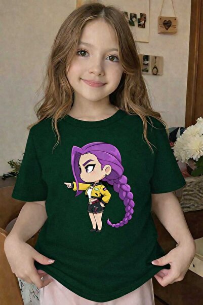 New Shine Purple-Haired Braided Girl Printed Green Children's T-Shirt
