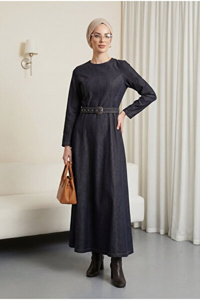 Modamorfo Flared Skirt Zippered Belted Denim Dress -Anthracite