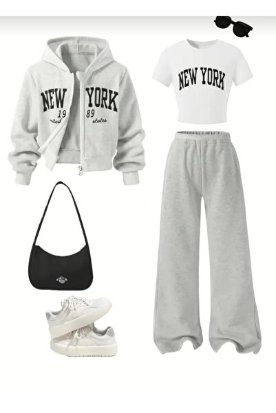 Kids Newyork Baskılı 3lü gri takım