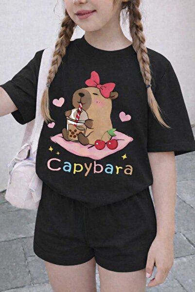 New Shine Capybara Printed Black Kids T-Shirt