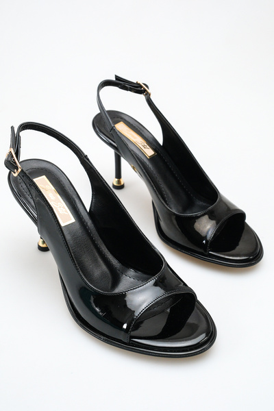 SENASTİL Black Patent Leather Side Buckle Open Back Thin Special Design Heele...