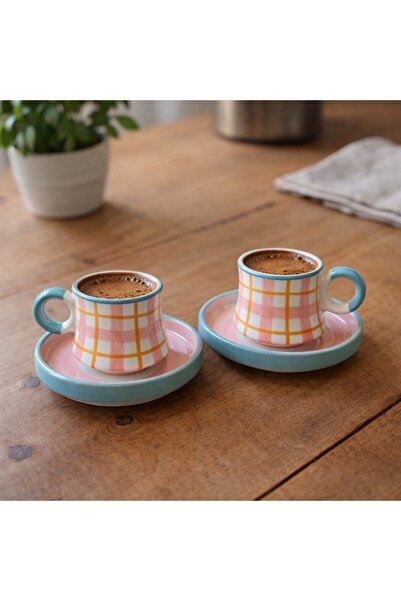 Ceramillion Ekose Desenli 2'li Türk Kahvesi Fincanı Seti Renkli Kareli Tasarım