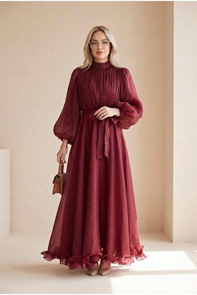 Modamorfo Janjan Chiffon Dress with Flounced Skirt and Belt - Burgundy