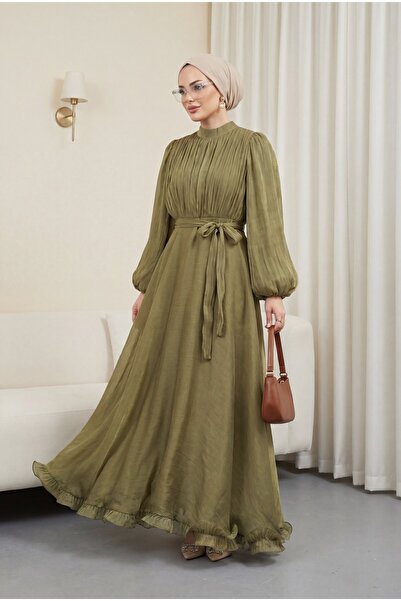 Modamorfo Janjan Chiffon Dress with Flounced Skirt and Belt - Khaki