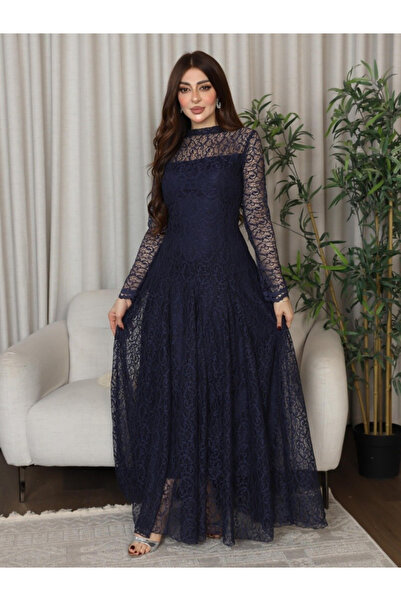Nice Model Elegant Navy Blue Lace Evening Gown High Collar Ramadan Eid Maxi D...