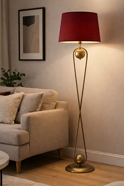 Taşcan Aydınlatma Delhi Eskitme Metal Ayaklı Lambader Bordo Şapka Modern , Ot...