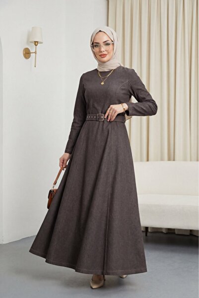 Modamorfo Flared Skirt Zippered Belted Denim Dress -Light Brown