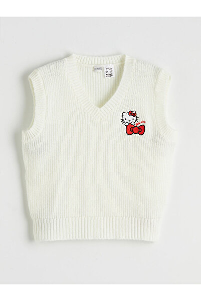 LC Waikiki LCW Kids Bej V Yaka Hello Kitty Nakışlı Kız Çocuk Triko Süveter