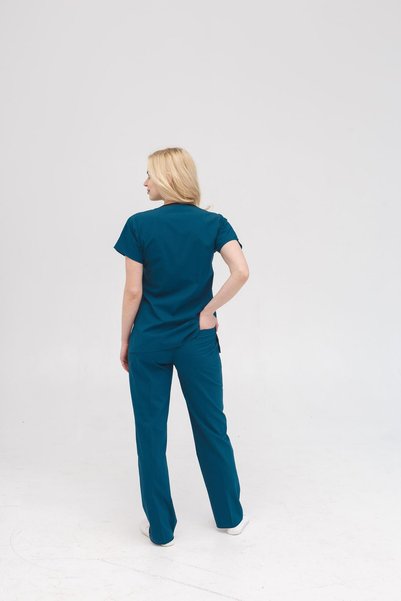 Dr. Mitra Uniformă medicală unisex tip scrubs, set chirurgical, material elastic, verde petrol
