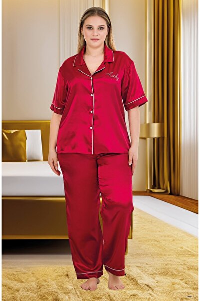 by İGP Burgundy Satin Plus Size Short Sleeve Pajama Set