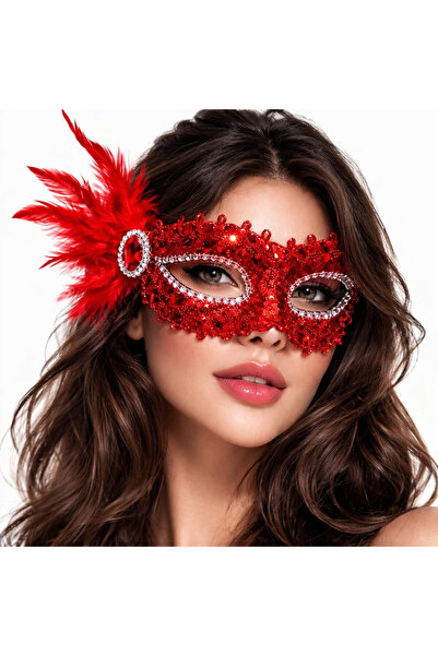 Lisinya Red Stone Venetian Party Mask – Feathered and Sequined - Tygoo