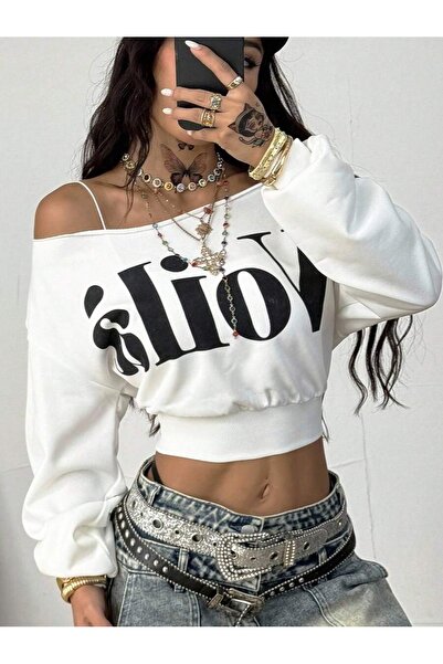 OVER HEAD سويت شيرت نسائي مطبوع برقبة قاربية قصيرة