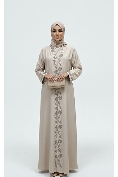 DADO BELLA Bej Çiçek İşlemeli Başörtülü Abaya