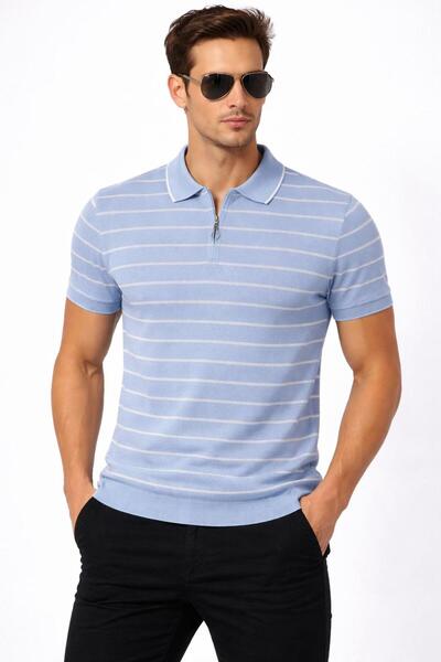 Cosy&Chic Ανδρικό μπλουζάκι πόλο με φερμουάρ και ρίγες σε μπλε χρώμα – Στενή ...