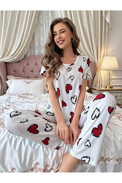 MYCARA Women's Pajama Set – Short Sleeve Long Pants Patterned Home Wear Set