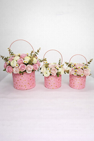 NET MARKET PEMBE 3'lü Lüks Kalp Desenli Pembe Silindir Çanta Kutu Seti - Hedi...