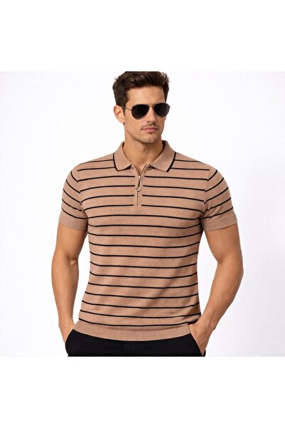 Cosy&Chic Ανδρικό μπλουζάκι πόλο με φερμουάρ σε μπεζ χρώμα με ρίγες – Στενή γ...