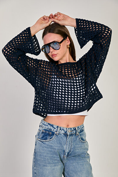 BARRELS AND OIL Women's Openwork Crop Sweater - Navy Blue
