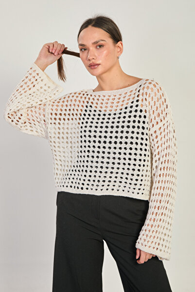 BARRELS AND OIL Women's Openwork Crop Sweater - Natural