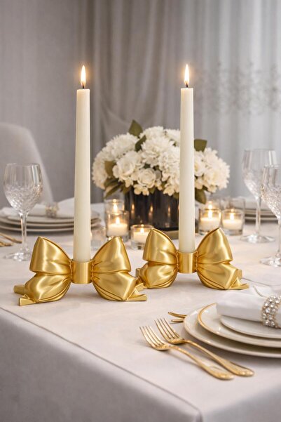 Effox Dekoratif Altın Renkli FİYONKLU 2’Lİ ŞAMDAN/MUMLUK Büyük boy