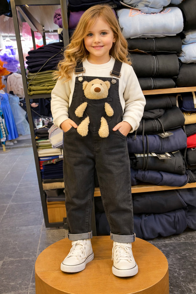 MODA NUR Ayıcıklı Siyah Çocuk Salopet