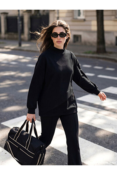 LC Waikiki Lcw Modest Black High Collar Soft Touch Women's Sweatshirt Tunic