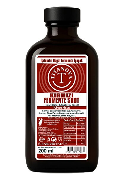 TİTANOVA KIRMIZI FERMENTE SHOT 200 ML (Nar, Hibiskus & kuşburnu ilaveli)