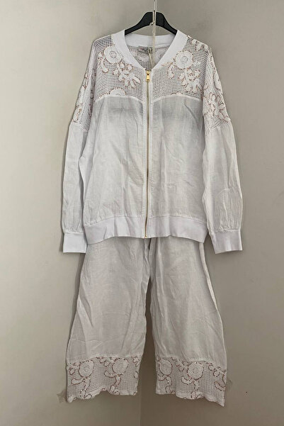 AYASOFYA OTANTIK Women's Italian White Lace Detailed Jacket with Zipper Closu...